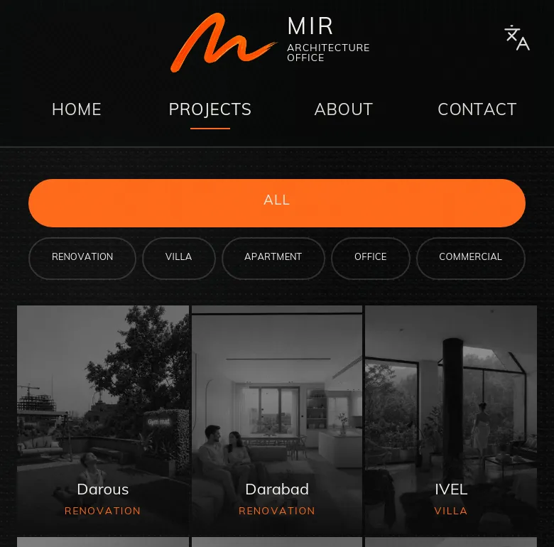 The projects page on a narrow screen, with the category filters.