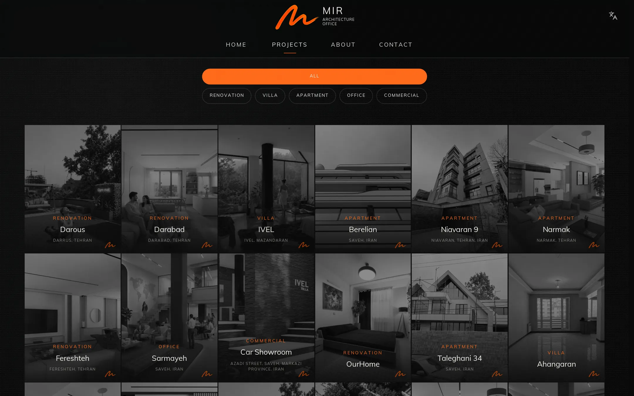 The projects page: a grid of project photos, each with its name, category and location, filtered by renovation, villa, apartment, office or commercial.