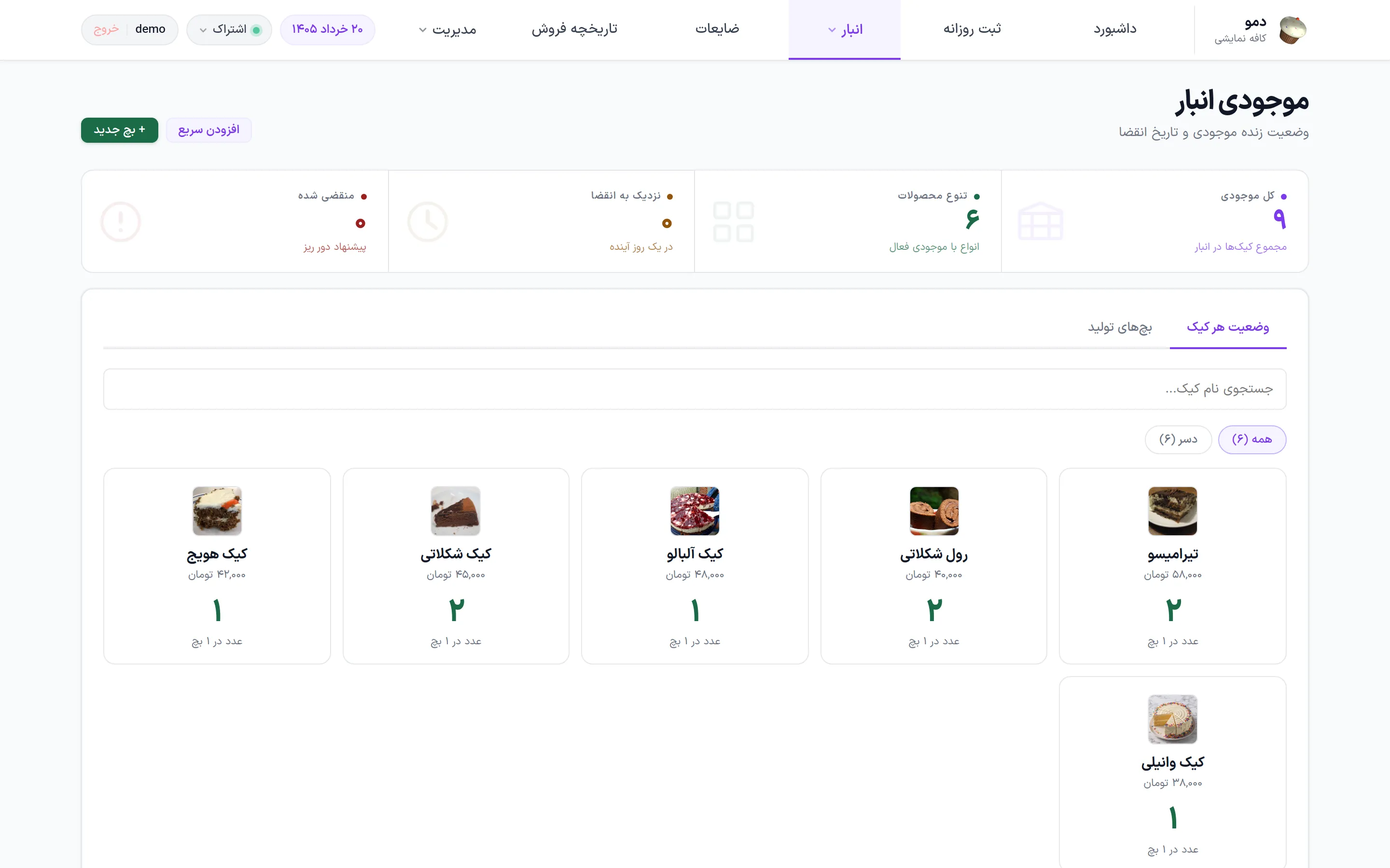 Inventory page: live stock for each cake with its price, and counters for items close to expiry and expired batches.